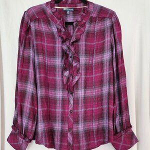 Democracy Womens Long Sleeve Ruffle Front Button Down Purple Black Plaid Shirt M